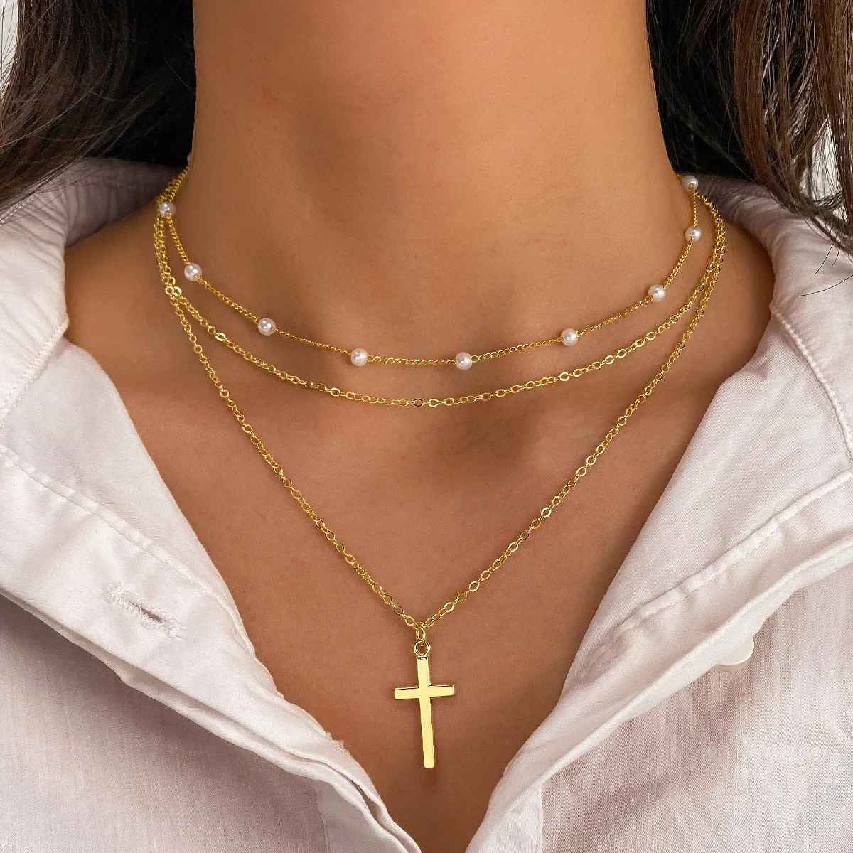 Colar Multicamadas Cruz e Pérolas - Ouro 18k - EBERLE JOIAS